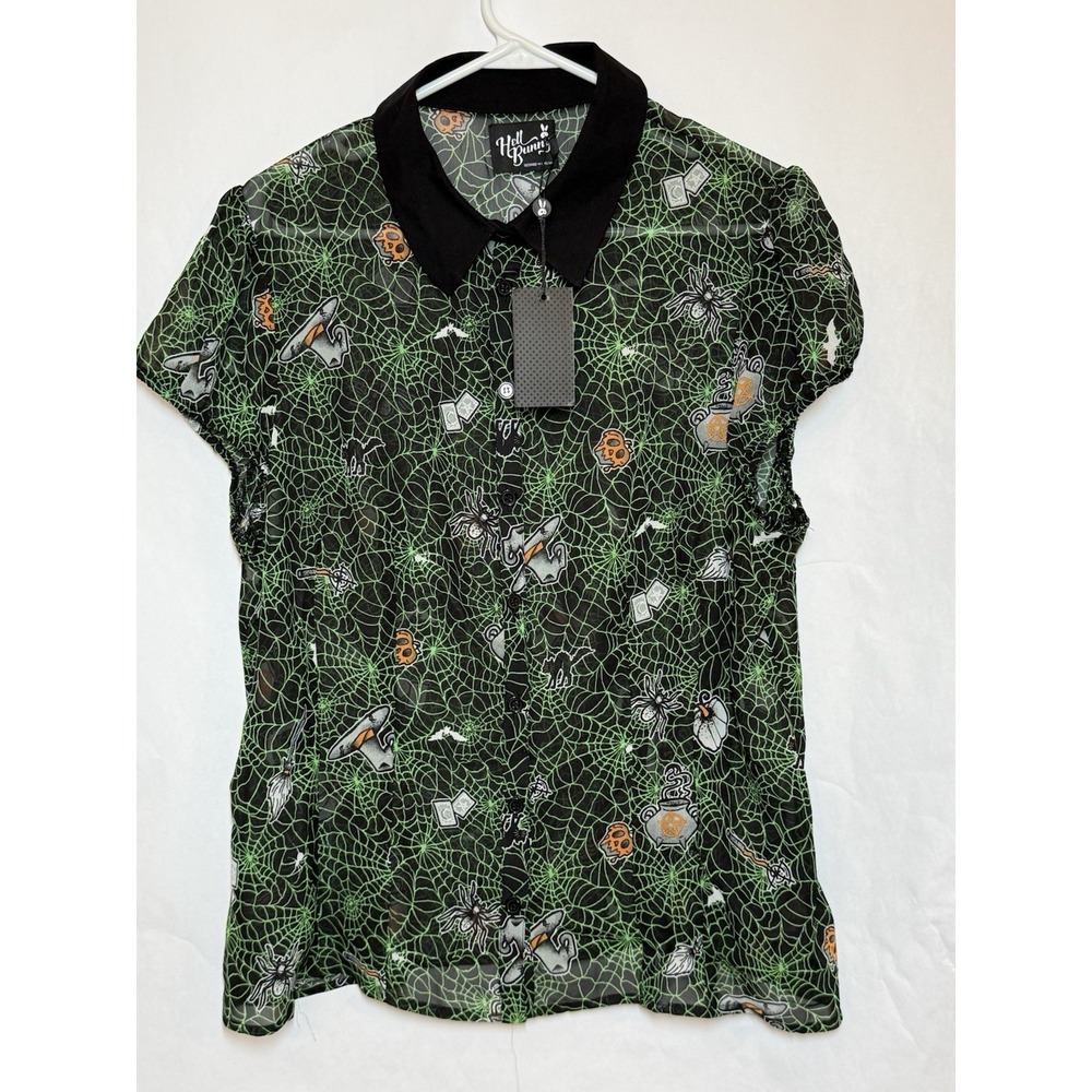 New Hell Bunny Hex Shirt Cobwebs Spiders Witches Punk  Goth Button Up 2XL